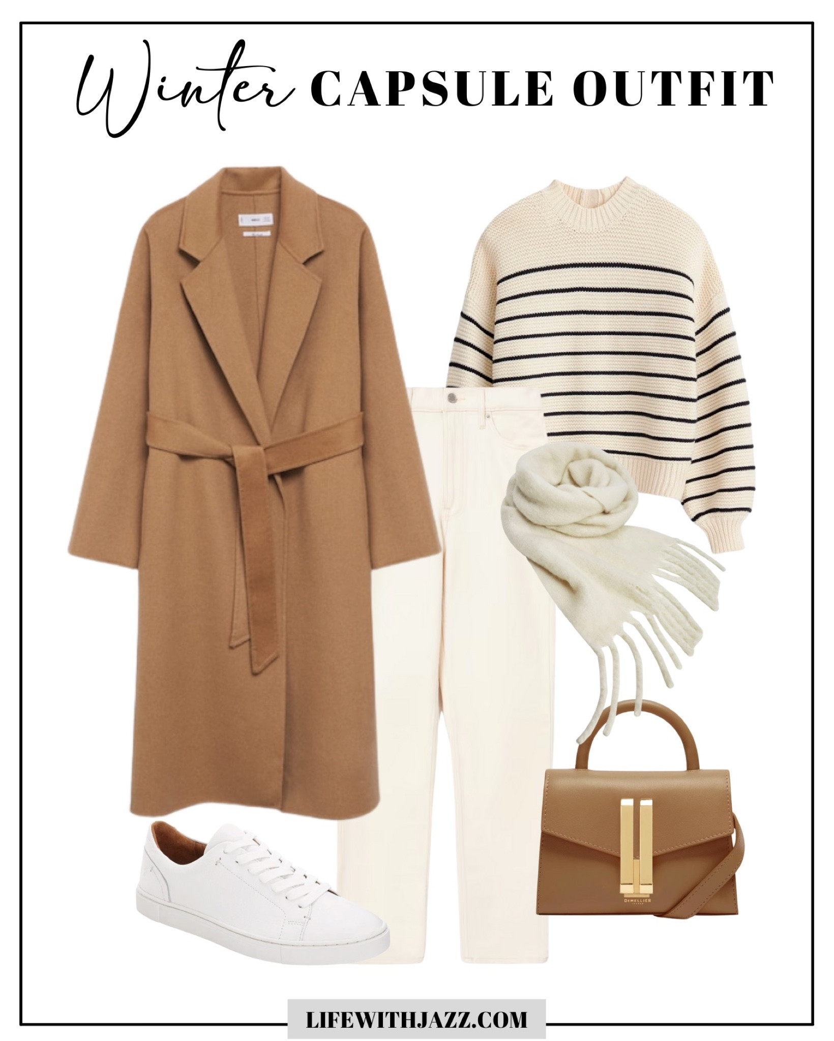 Winter capsule outfit 

Belted camel coat xs 
Striped sweater xs
Straight leg jean - I size down in madewell 
Fringed scarf 
Camel tote 
White sneakers 

#LTKunder100 #LTKworkwear #LTKtravel