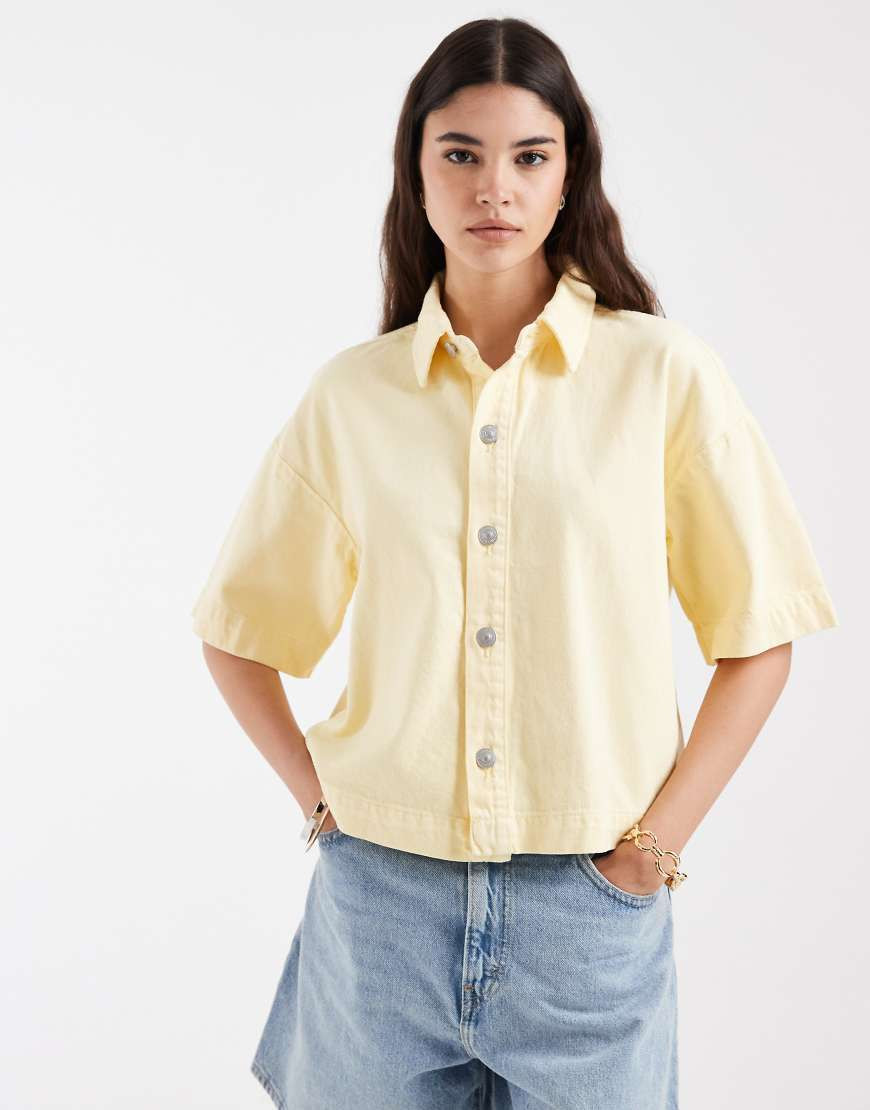 PIECES boxy denim shirt in pale yellow | ASOS (Global)