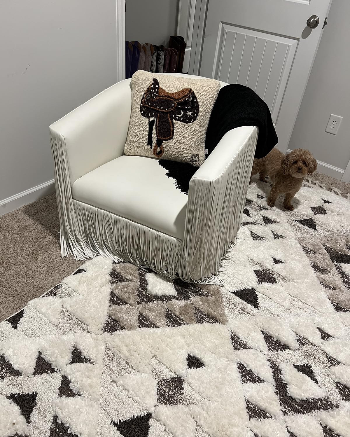 Western home decor, fringe, leather, white, swivel chair, western pillow, black fringe, blanket, shaggy Boho, rug, all from Amazon

#LTKFindsUnder50 #LTKFamily #LTKHome