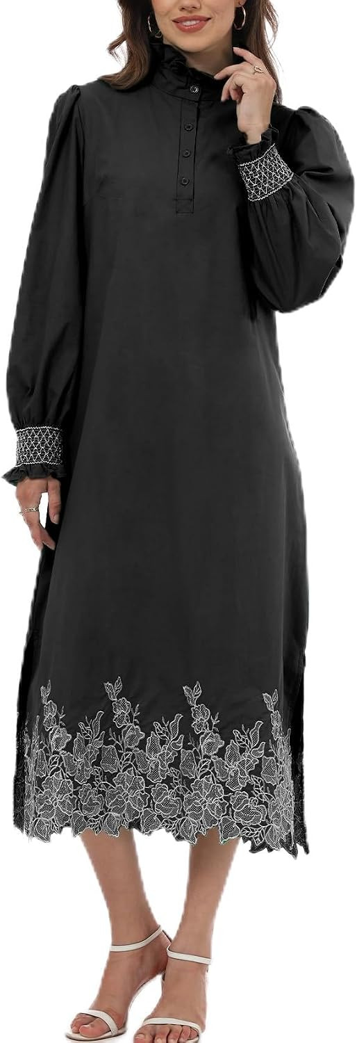 Women's Spring Summer Embroidery Maxi Dress 2026 Long Puff Sleeve Ruffle Collar Button Front Shift Dress | Amazon (US)