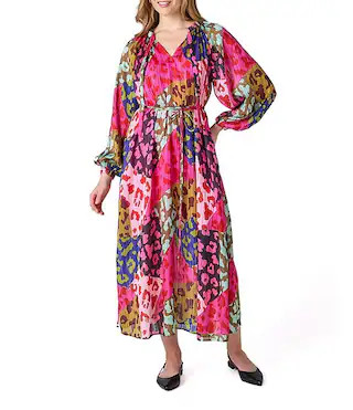 Freya Lurex Chiffon Leopard Print V-Neck Long Sleeve Oversized Maxi Dress | Dillard's