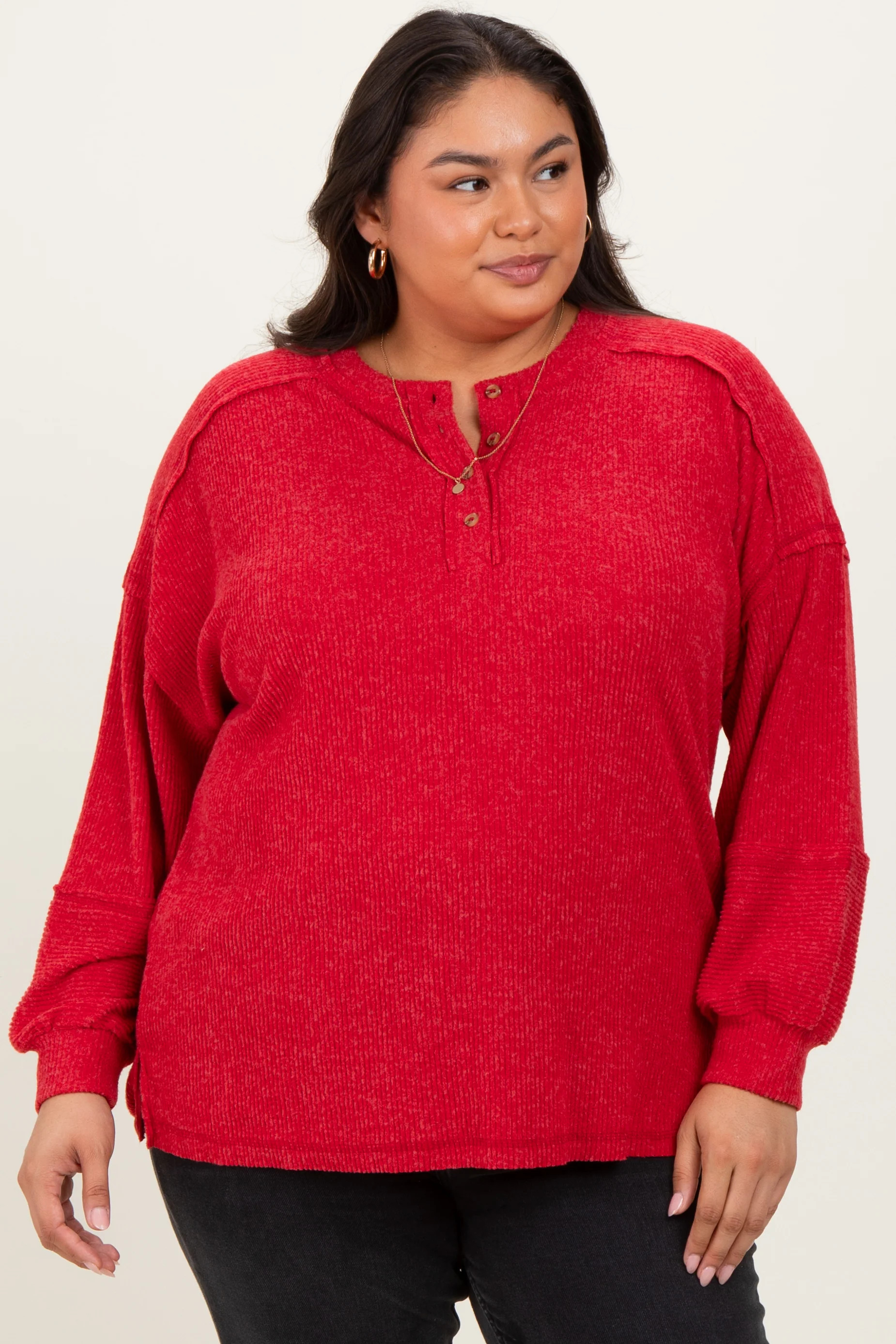 Red Oversized Ribbed Knit Henley Plus Sweater | PinkBlush Maternity
