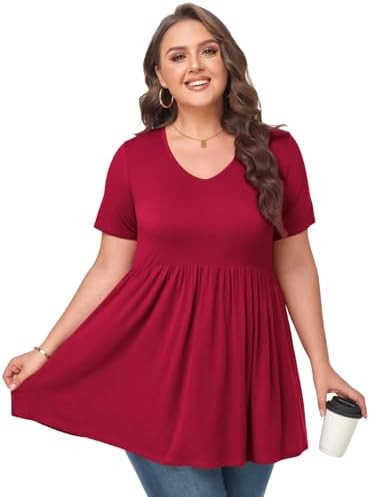 Womens Plus Size Tops Cute Babydoll T Shirts Peplum Tunic Tops Loose Fit V-Neck Short Sleeve Blou... | Amazon (US)
