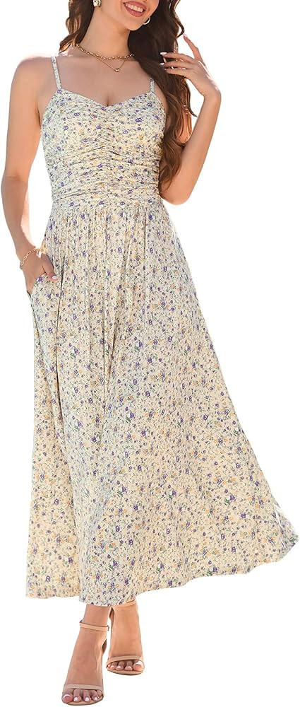 Annebouti Women 2026 Summer Spring Ruched Maxi Dress Adjustable Spaghetti Strap Floral Beach Long... | Amazon (US)