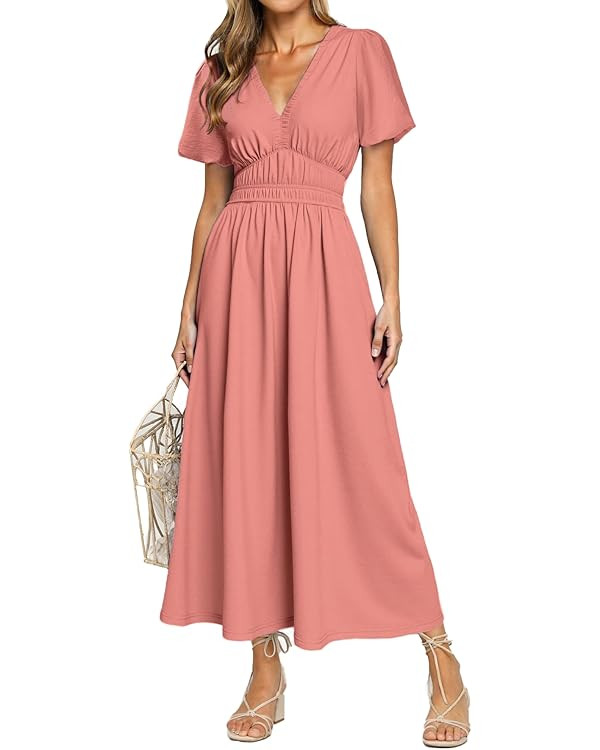Simplee Women's Summer Flowy Midi Dress Casual V Neck Short Sleeve Empire Waist Boho Beach Weddin... | Amazon (US)