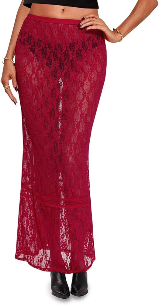 Cicy Bell Womens Sheer Lace Maxi Skirt Summer Beach Cover-ups Casual Streetwear Long Y2K Skirts | Amazon (US)