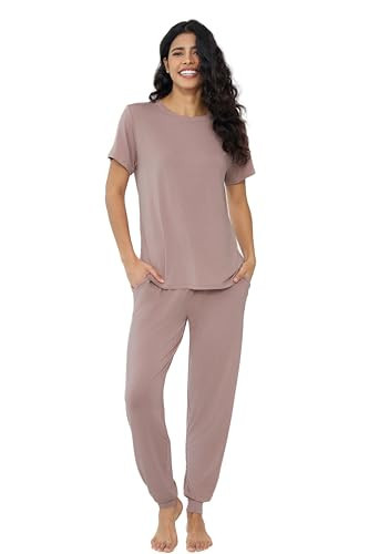 Joyaria Women's Bamboo Viscose Pajamas Short Sleeve Round Neck Top & Jogger Pajama Pants with Pocket Blushing Pink | Amazon (US)