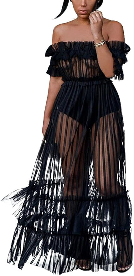 XAKALAKA Women's Sexy Lace Off Shoulder High Wasit Flared Mesh Club Maxi Dress S-XXXL | Amazon (US)