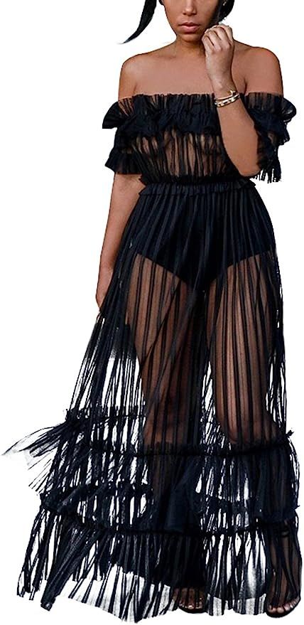 XAKALAKA Women's Sexy Lace Off Shoulder High Wasit Flared Mesh Club Maxi Dress S-XXXL | Amazon (US)