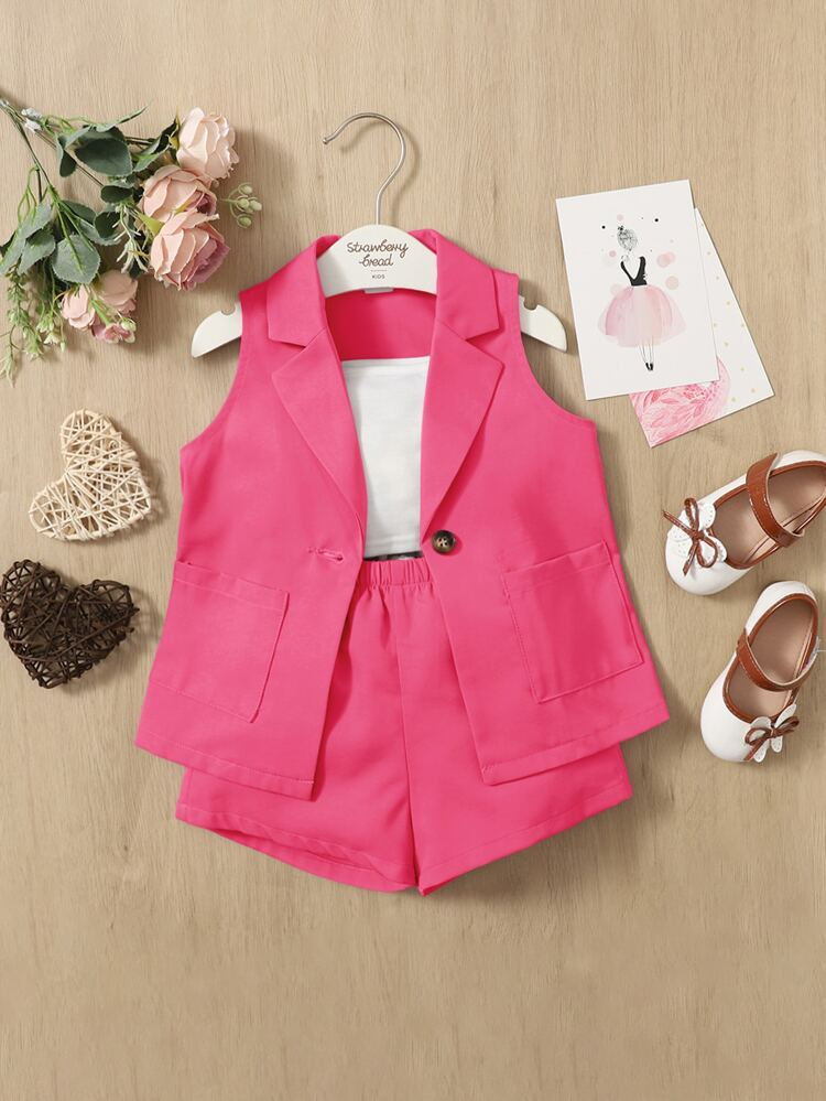 SHEIN Baby Crop Cami Top & Patched Pocket Vest Blazer & Shorts | SHEIN