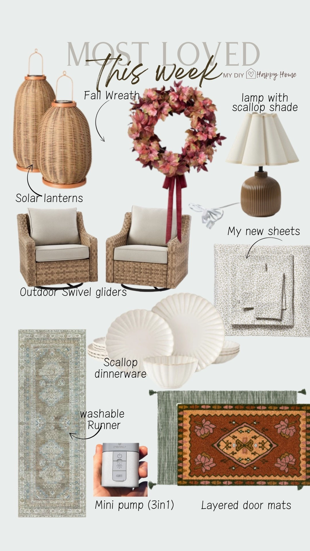 This weeks most loved and best sellers:

•Woven Solar Lanterns (2 sizes)
•Fall wreath with velvet bow 
•Ceramic lamp with scallop shade
•My outdoor chairs (glide, rock and swivel - come with covers)
•my new sheets - SO soft! 
•my scallop dinnerware set (4 colors)
•washable runner 
•mini pump (3-in-1)
•layered doormats 

#LTKHome #LTKSeasonal #LTKStyleTip