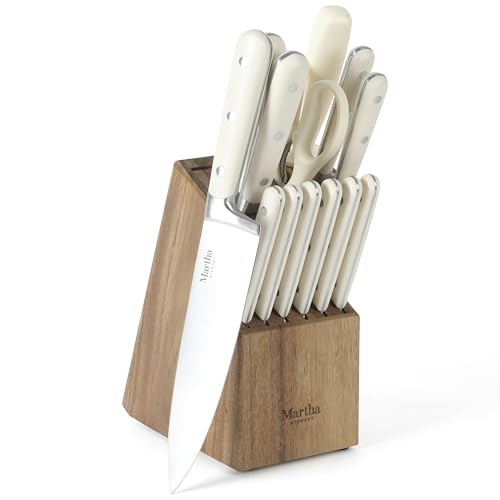 MARTHA STEWART Eastwalk 14 Piece High Carbon Stainless Steel Cutlery Kitchen Knife Block Set w/ABS Triple Riveted Forged Handle Acacia Wood Block - Linen White | Amazon (US)