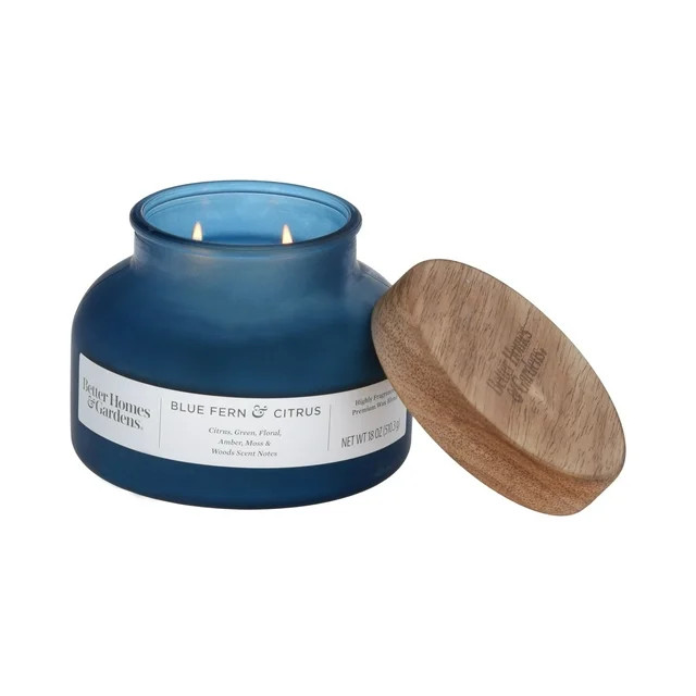Better Homes & Gardens Blue Fern and Citrus Scented 2-Wick 18oz Frosted Bell Jar Candle - Walmart... | Walmart (US)