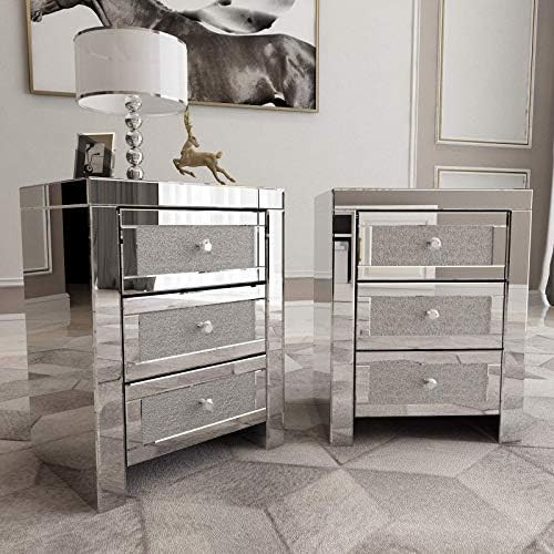 Mecor Mirrored end Table 3 Drawers Mirror Accent Side Table Silver Finished Nightstand Set of 2 | Amazon (US)