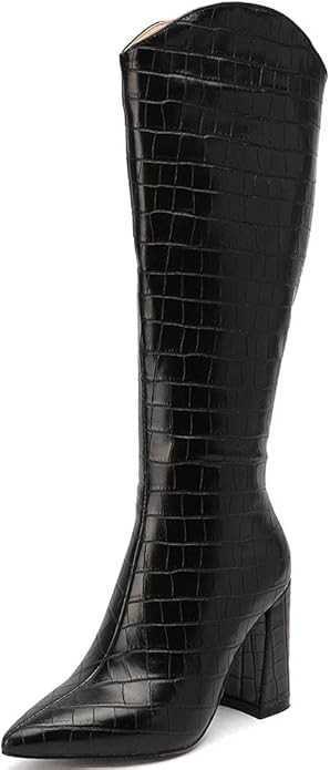 Womens Knee High Boots Chunky Heel Snakeskin Cowgirl Cowboy Western Bootie | Amazon (US)