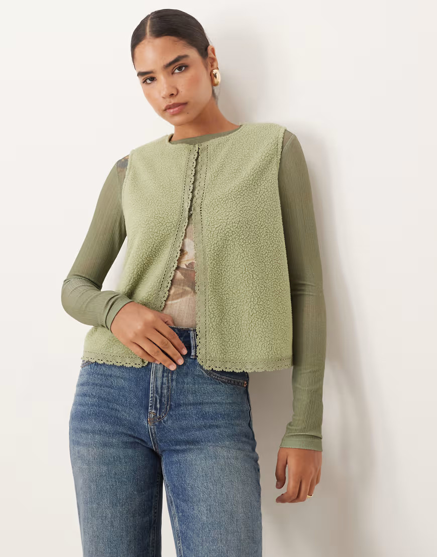 ASOS DESIGN vest with lace trim detail in sage green | ASOS (Global)