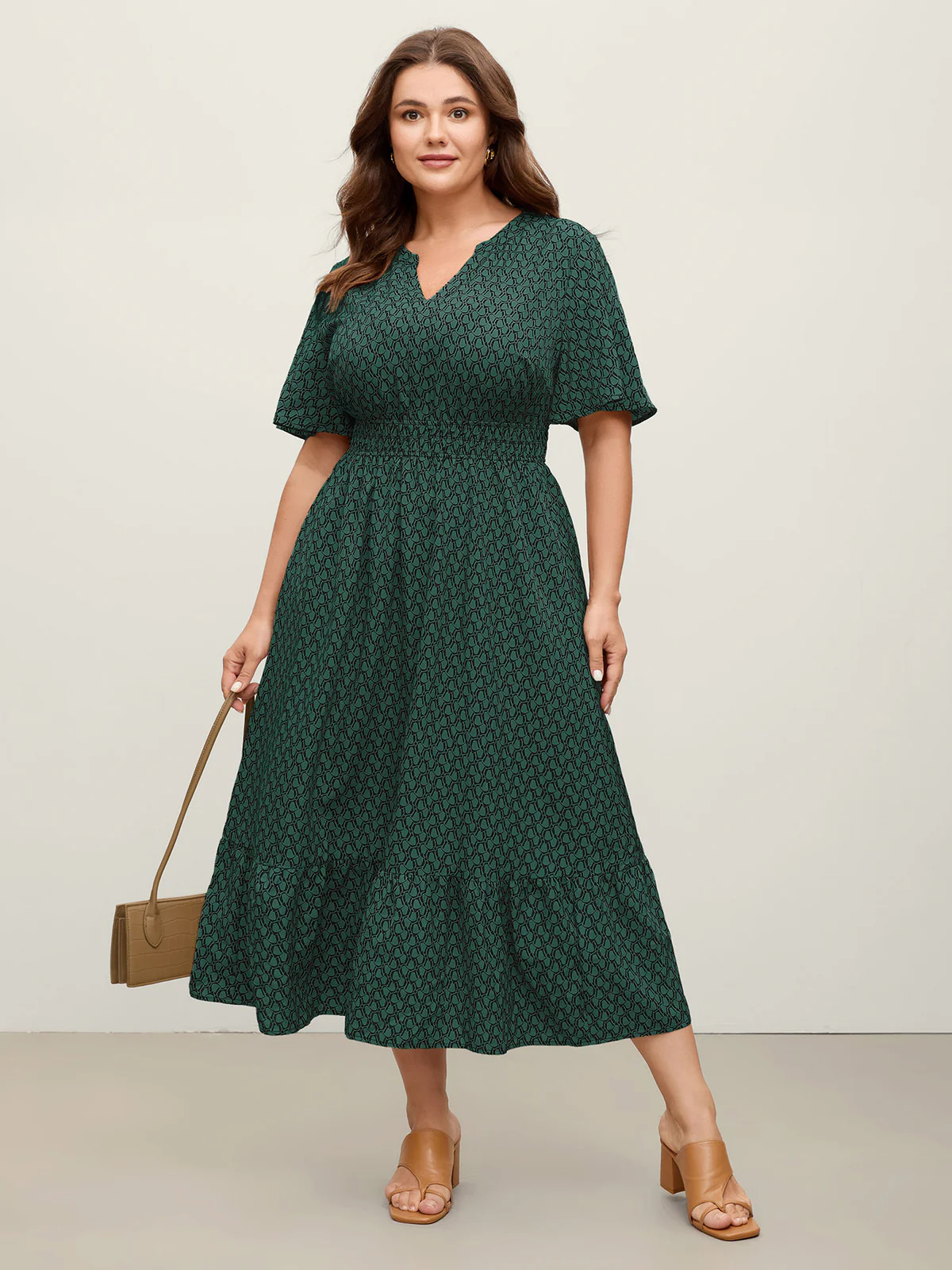 Geometric Print Waist-Cinched Tiered Midi Dress | Bloomchic