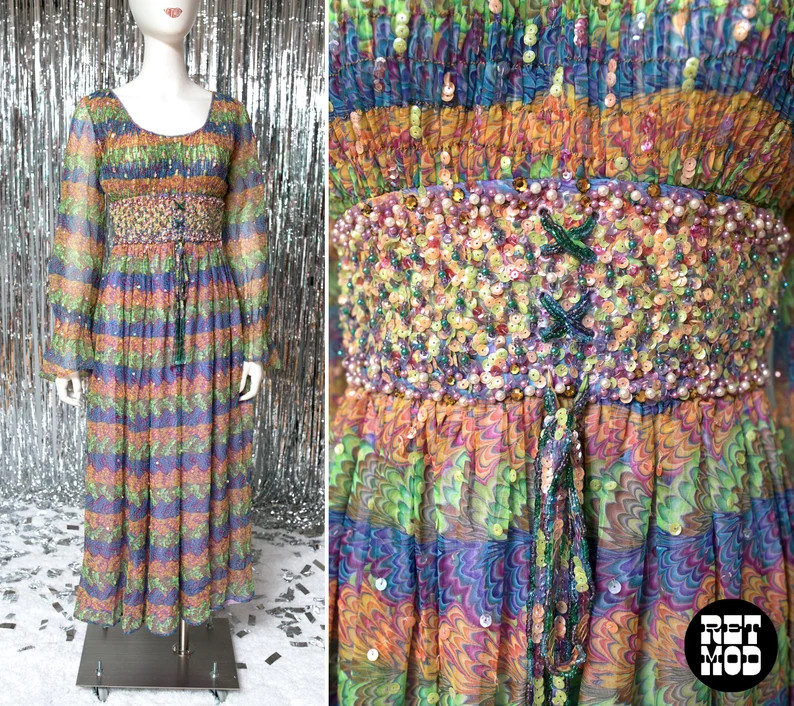 MAGICAL RARE Vintage 70s Boho Beaded Rainbow Dress with Rhinestones & Sequins by Valentina | Etsy (Global)