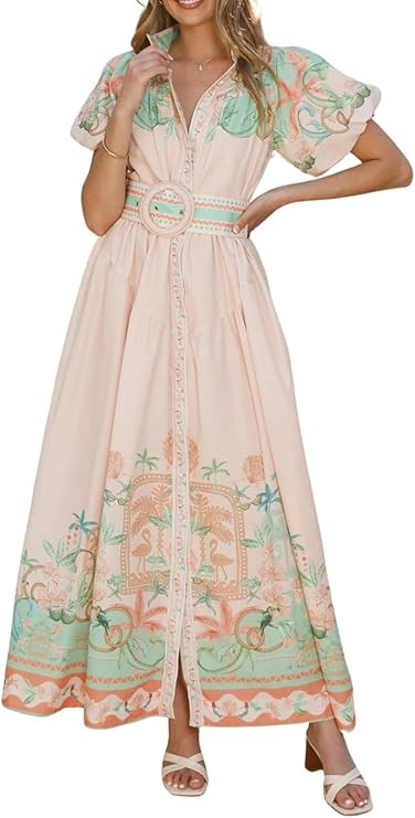 Womens Floral Print Puff Sleeve Maxi Dress V-Neck Button Down Short Sleeve Dress | Amazon (US)
