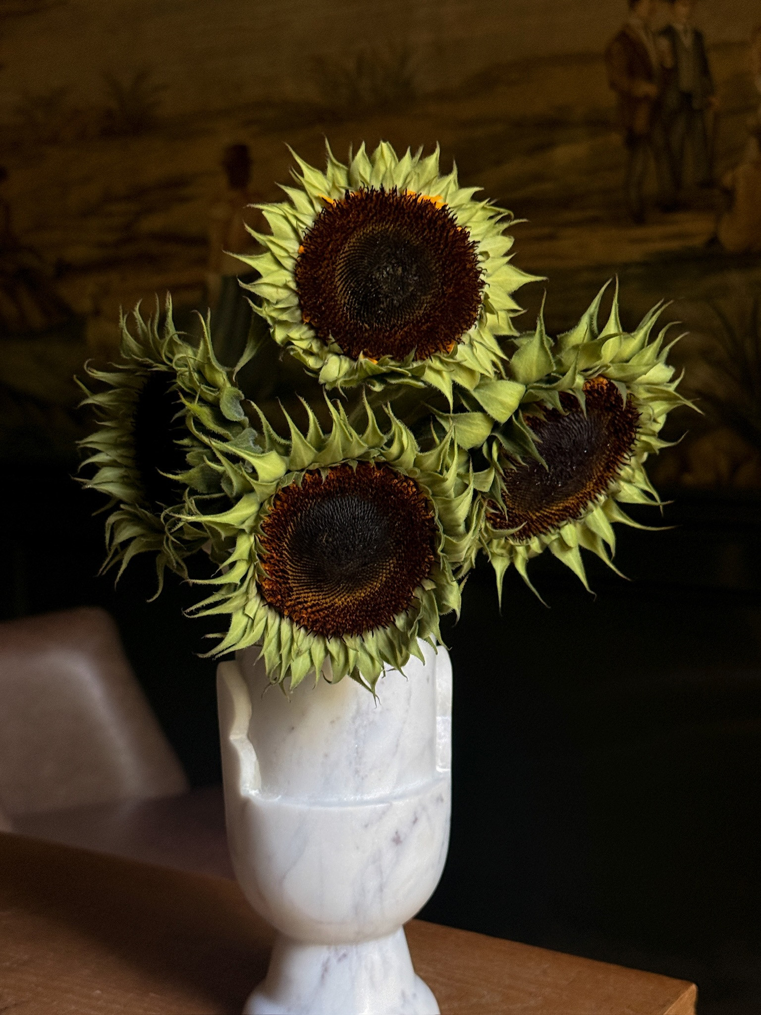 It's feeling like fall. Sunflowers are real (I just pulled the yellow petals off) but linked some faux options along with the marble vase. 

 #LTKSeasonal #LTKHome
