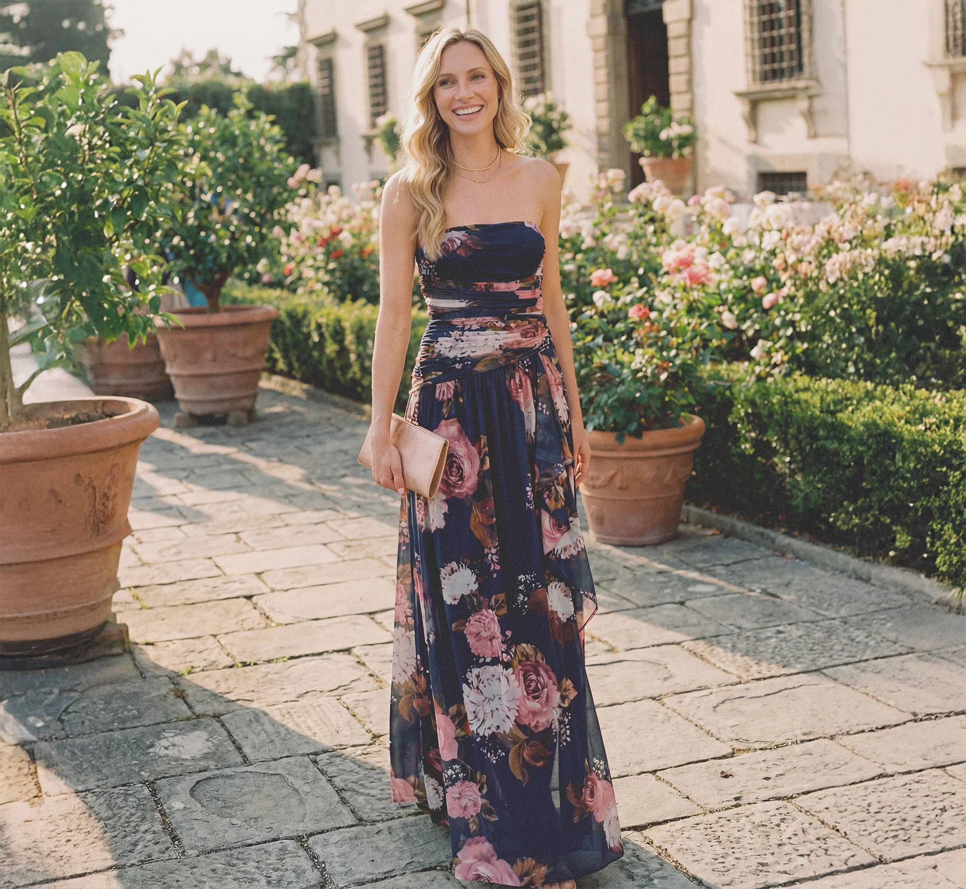 Strapless Ruched Floral Stretch Mesh Gown In Navy Multi | Adrianna Papell