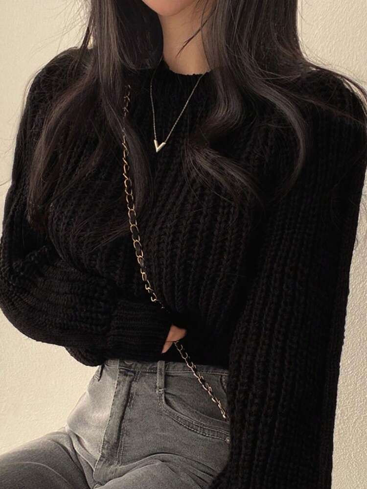 INAWLY Women's Solid Color Round Neck Long Sleeve Casual Loose Knit Sweater, Autumn/Winter | SHEIN