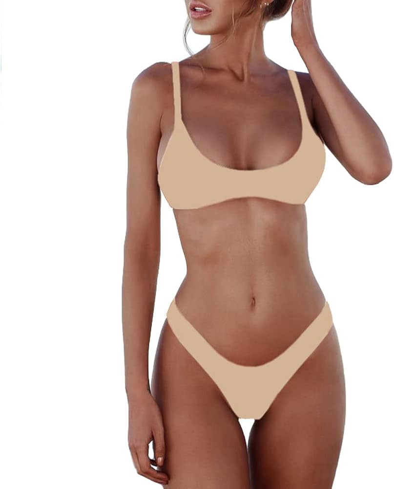 SherryDC Women's Solid Scoop Neck Push up Padded Brazilian Thong Bikini Swimsuit Bathing Suit | Amazon (US)