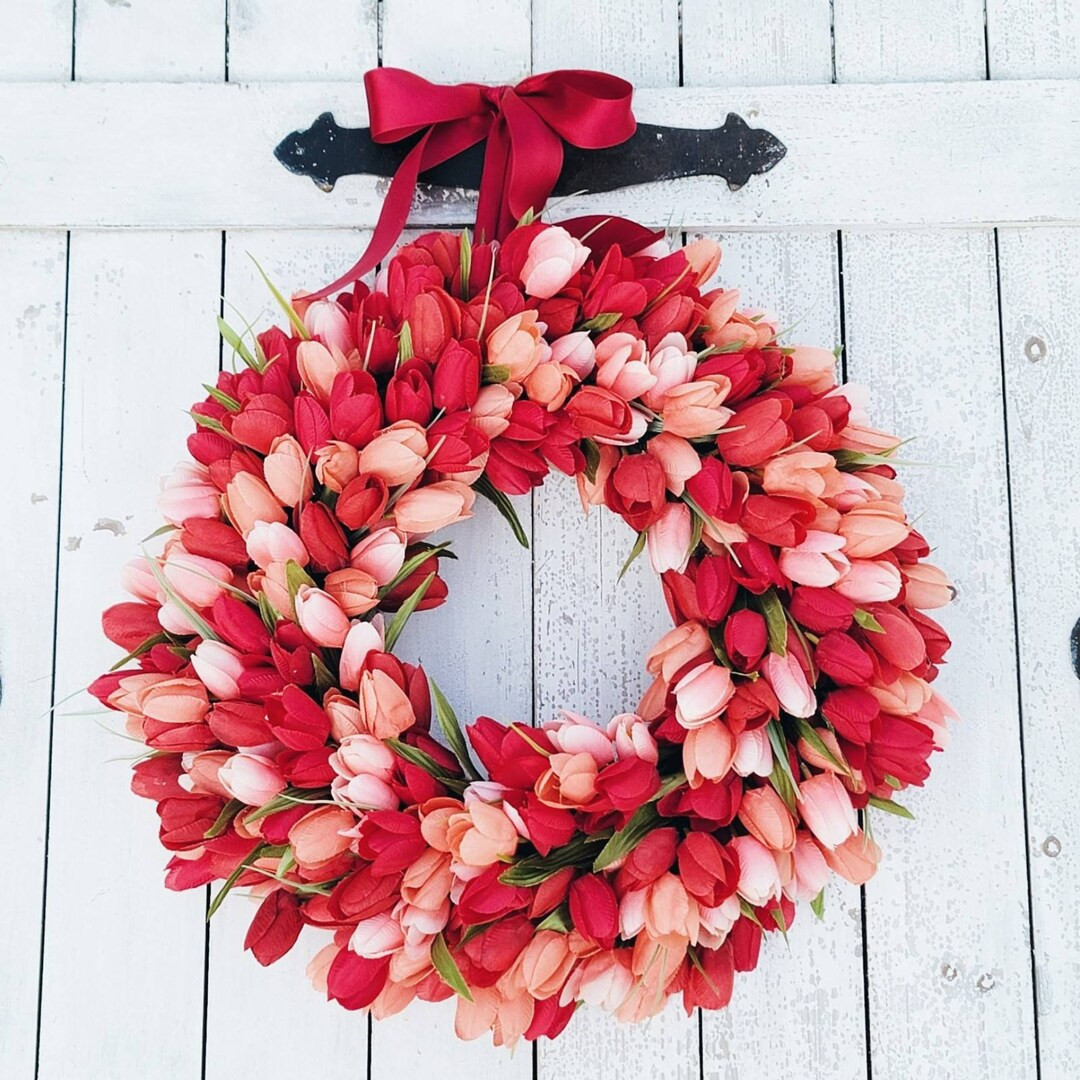 Tulip Wreath-red Tulip Wreath-red Front Door Wreath-red Tulip Wreath for Front Door-red Tulips-sp... | Etsy (US)