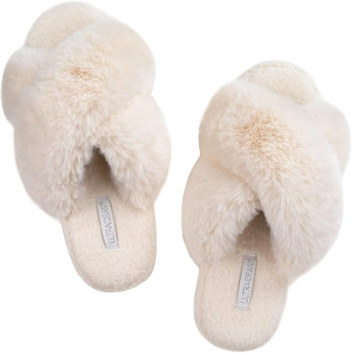 ULTRAIDEAS Women's Fuzzy Cross Band House Slippers with Cozy Faux Fur, Ladies Open Toe Indoor Out... | Amazon (US)