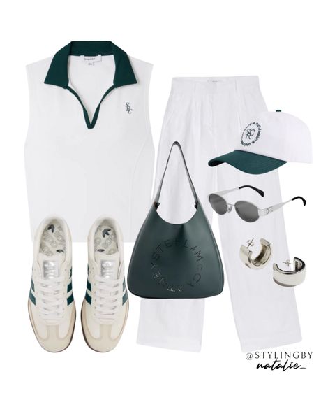Green collar polo top, white linen trousers, sporty & Rich baseball cap, adidas samba trainers, green Stella McCartney tote bag, celine sunglasses & silver hoop earrings.
Summer outfit, casual, tennis core, white outfit, everyday look.

#LTKstyletip #LTKeurope #LTKshoes