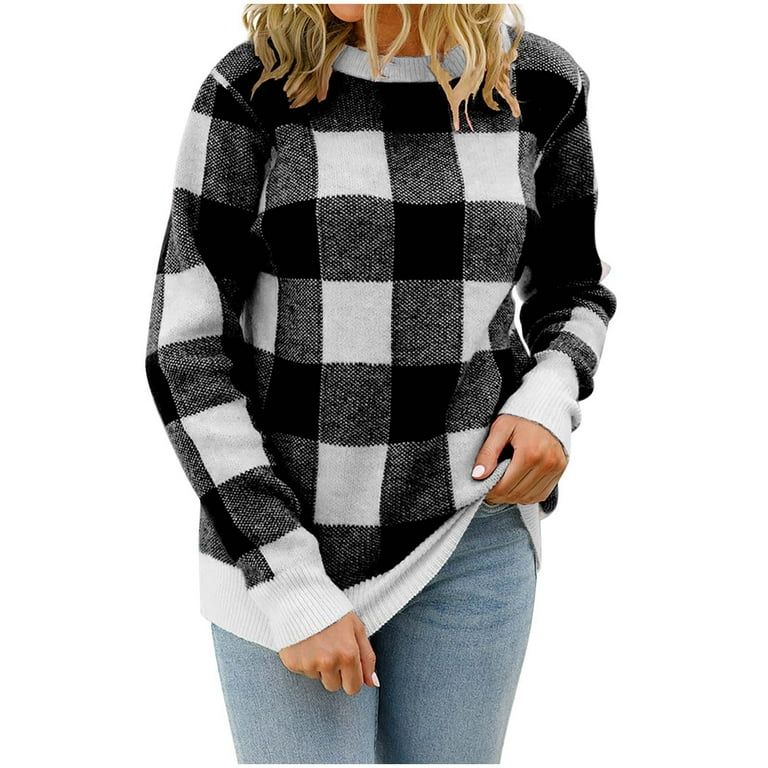 Womens Sweaters Women Fashion Autumn And Winter Knit Plaid Print Crewneck Pullover Sweater Womens... | Walmart (US)