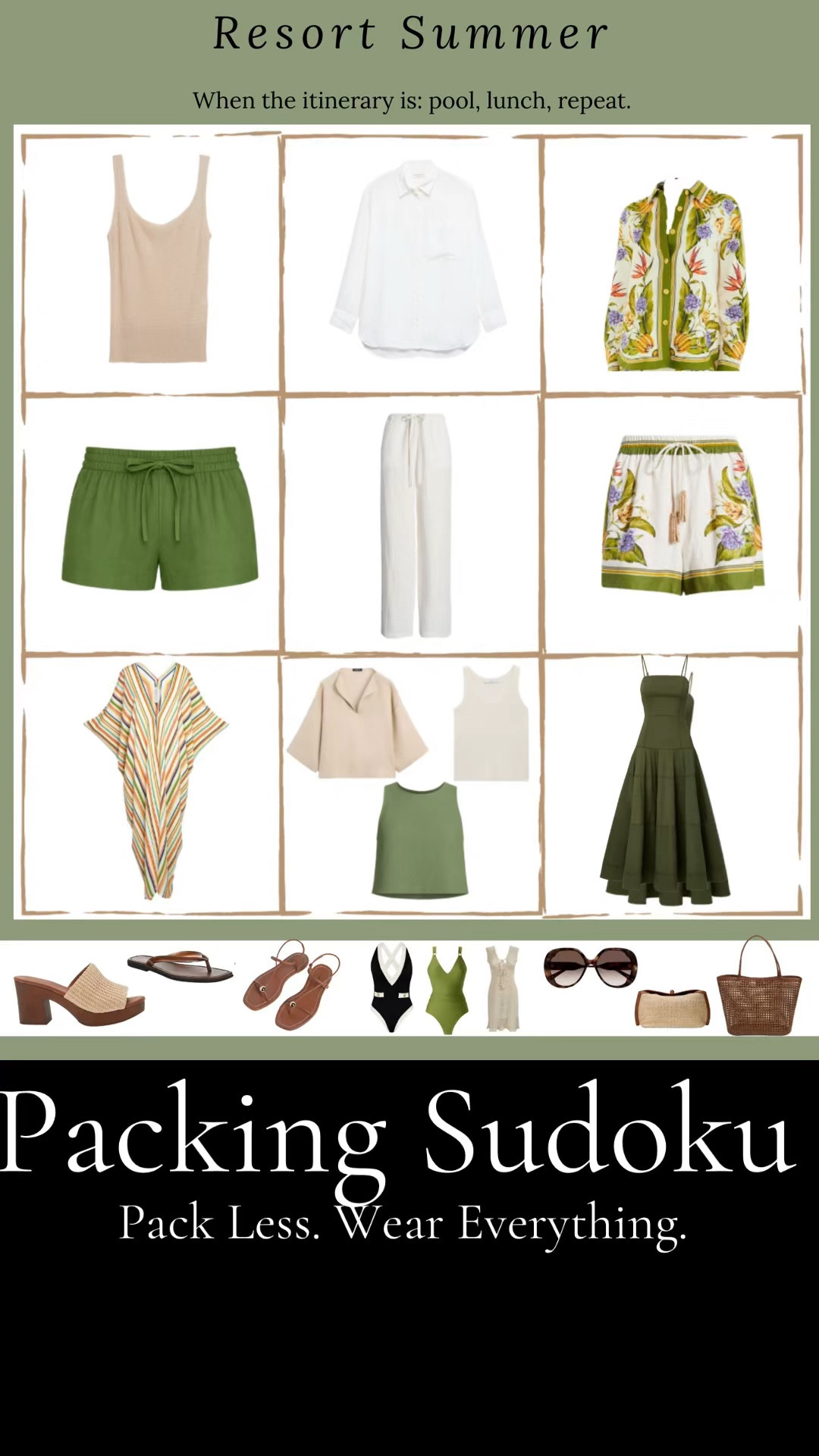 This is the Resort grid for when you want to pack light and still have something to wear every day.
Simple pieces that mix easily and take you from the pool to dinner without thinking twice.
Everything is linked here. The full system is inside the guide.