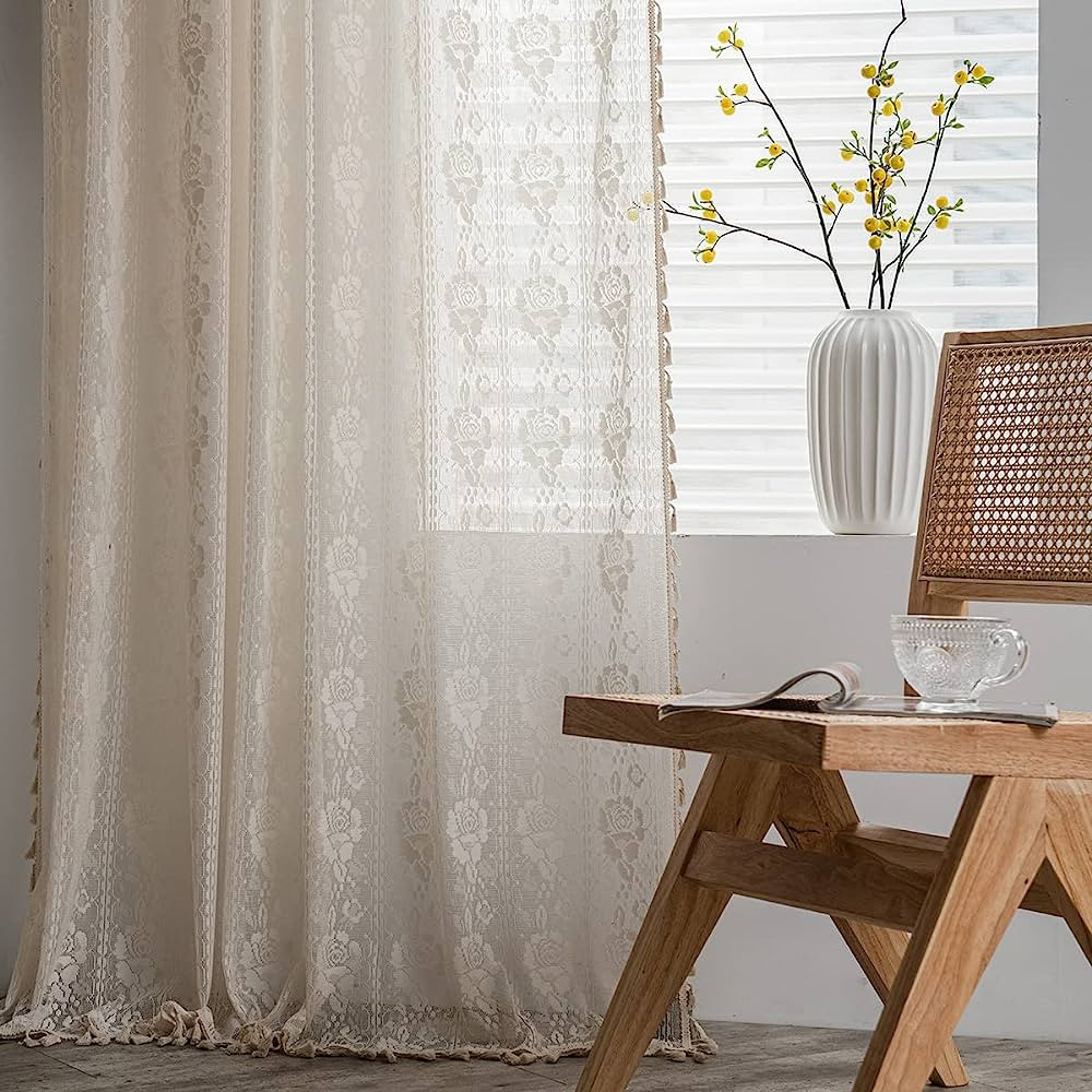 JOOJA 2 Panels Boho Windows Sheer Curtains Crochet Vintage Cotton Tassel Window Curtains Panels f... | Amazon (US)