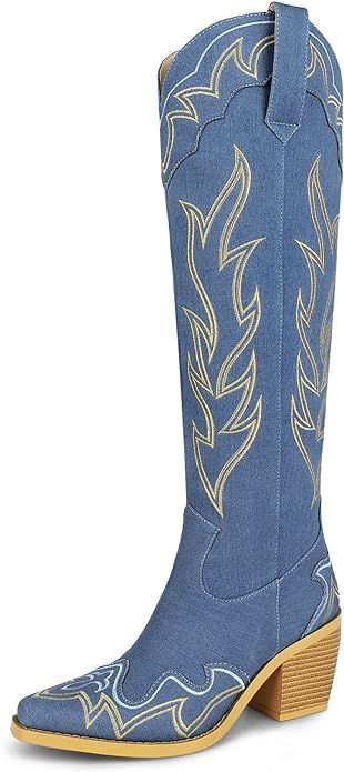 wetkiss Knee High Cowboy Cowgirl Boots for Women, with Unique Embroidery, Side Zipper and Chunky ... | Amazon (US)