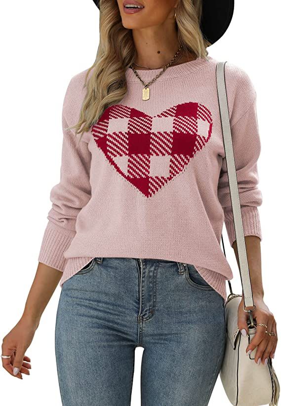 Drvitor Women's Pullover Long Sleeve Sweaters,Heart Pattern Crewneck Knitted Cute Sweaters for Wo... | Amazon (US)