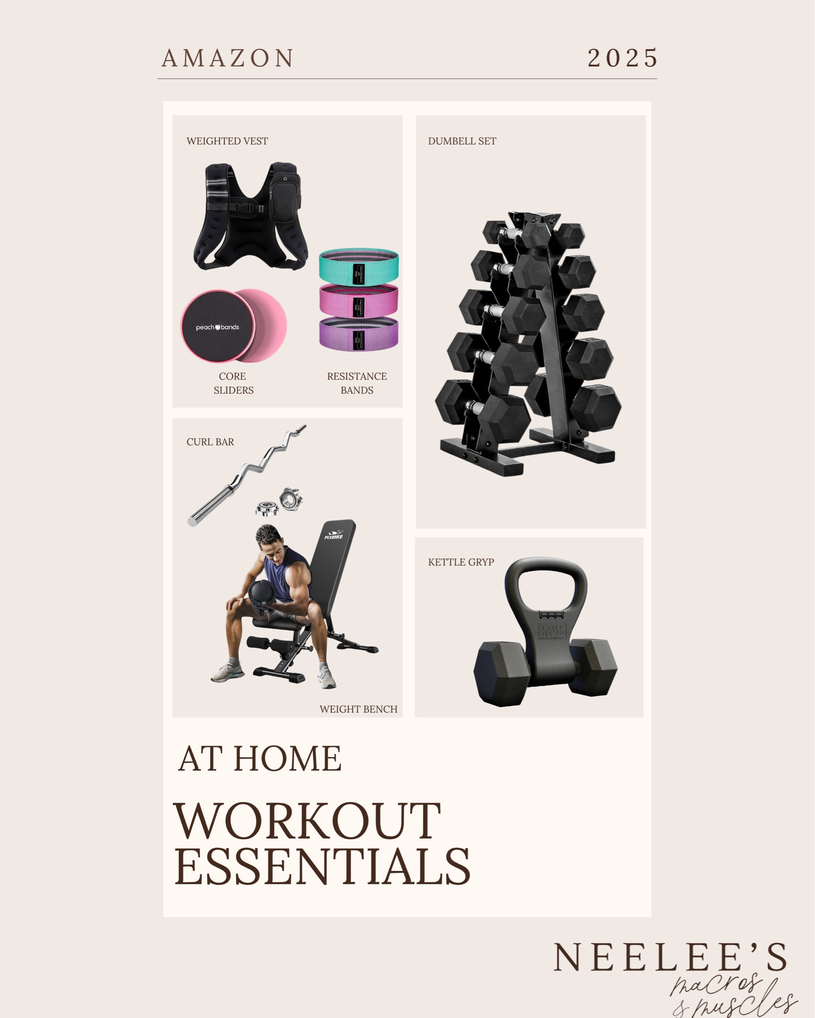 At home work out essentials I highly recommend as a personal trainer and wellness coach! 

Follow me on IG @neeleesmacrosandmuscles for more tips, information and wellness inspiration 


Kettlebell converter- turn almost any dumbbell into a kettle ball!
Dumbbells!
Resistance bands, weight bench 

#LTKOver40 #LTKActive #LTKFitness