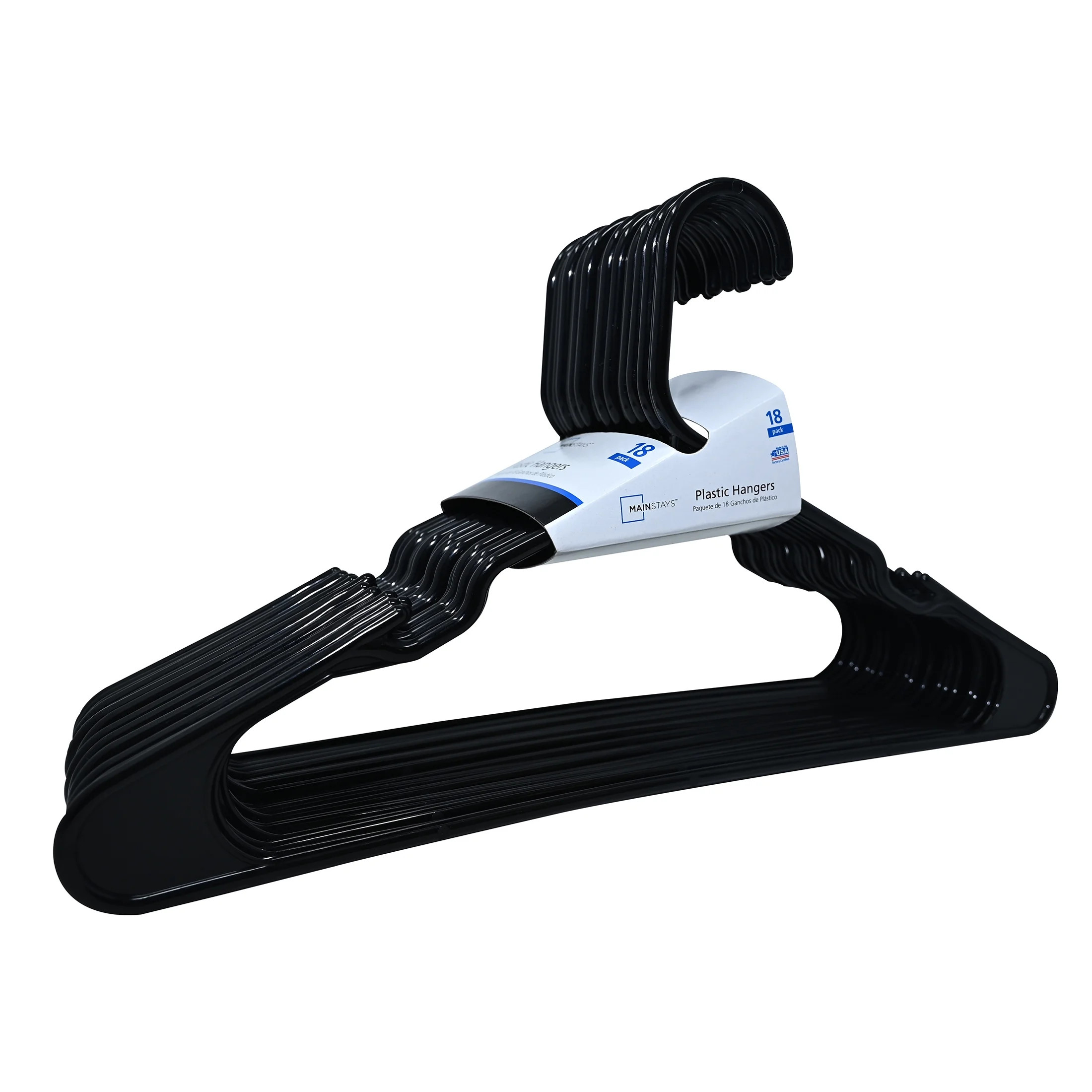 Mainstays Plastic Notched Adult Hangers for Any Clothing Type, Pack 18 Black Hangers | Walmart (US)