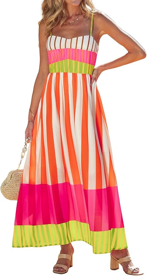 popvil Women Summer Maxi Dress 2026 Spaghetti Strap Long Beach Dress Boho A-Line Flowy Casual Sle... | Amazon (US)