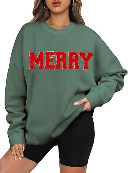 BOUTIKOME Merry Christmas Sweatshirts for Women Glitter Patch Merry Letter Shirts Chenille Patch Oversized Pullover Tops | Amazon (US)