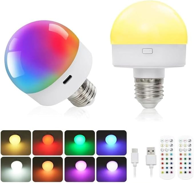 2 x USB C Rechargeable Light Bulb with Remote Control, 3 W Battery Operated Bulbs, 16 Colours, Di... | Amazon (UK)
