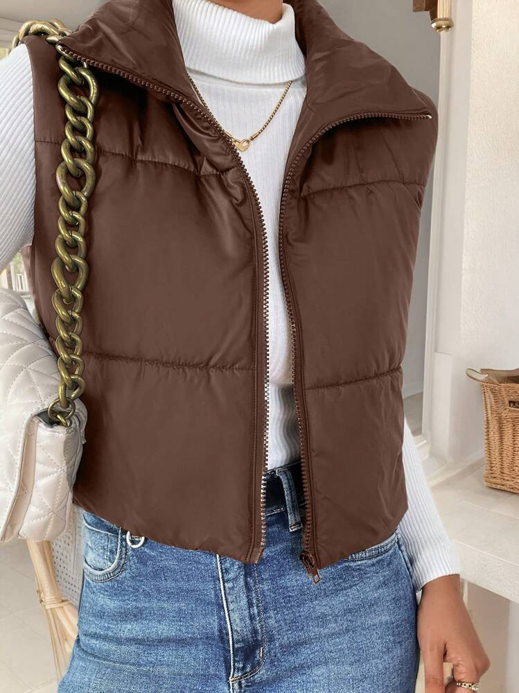 SHEIN Frenchy Women's Quilted Sleeveless Short Length Vest With Collar, Black Padded Coat | SHEIN