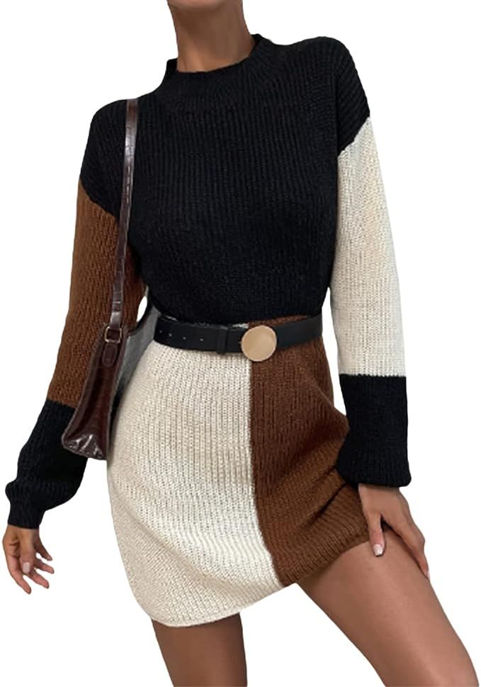 SheIn Women's Colorblock Long Sleeve Sweater Dress Mock Neck Drop Shoulder Mini Dresses | Amazon (US)