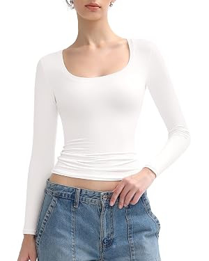 PUMIEY Women's Long Sleeve T Shirts Scoop Neck Slim Fit Going Out Tops Double Lined Basic Tee Smo... | Amazon (US)