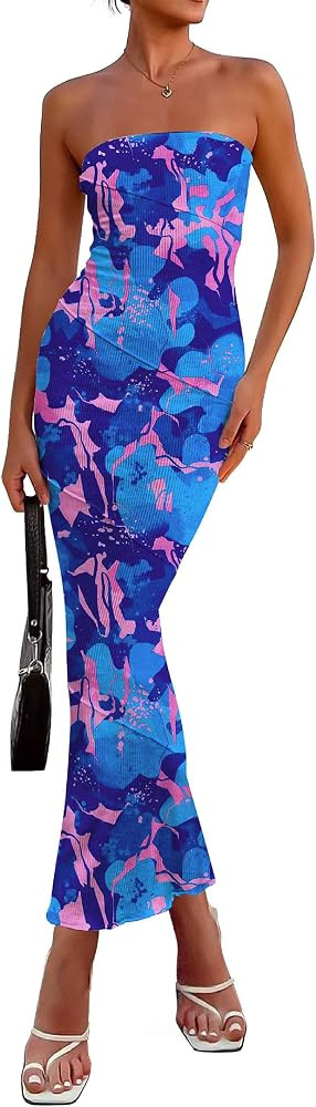 PRETTYGARDEN Women's 2025 Summer Floral Bodycon Maxi Dresses Ribbed Strapless Tube Casual Boho Pa... | Amazon (US)