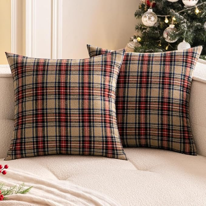 Woaboy Christmas Set of 2 Scottish Tartan Throw Pillow Covers Farmhouse Classic Plaid Decorative ... | Amazon (US)