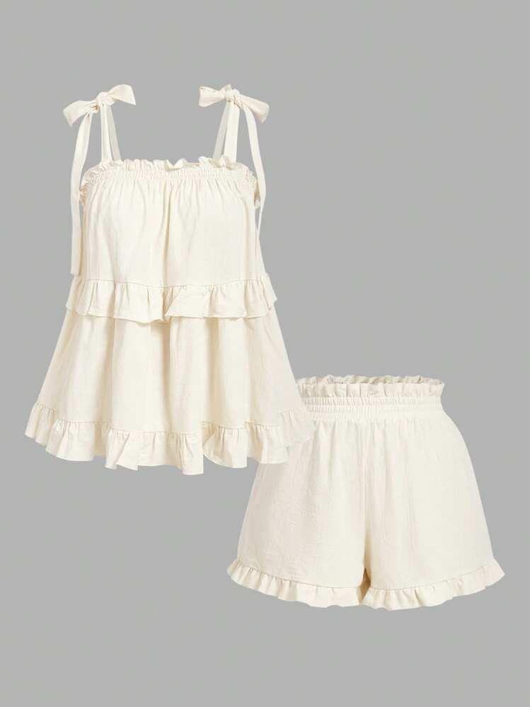 SHEIN MOD Plus Size Apricot Cute Girl Doll Shirt With Bow Tied Top And Bottom Set. Women's Set | SHEIN