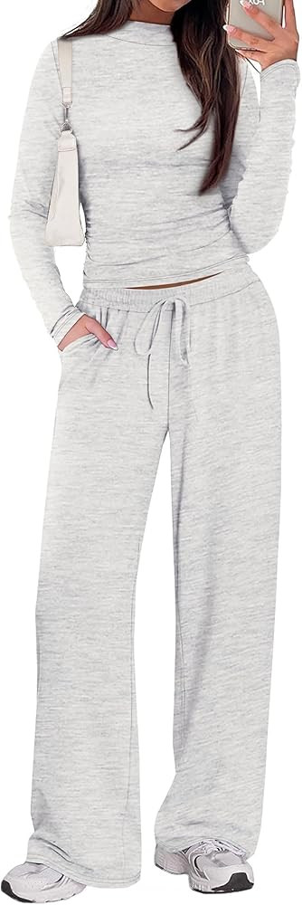 Sampeel Two Piece Lounge Set for Women 2 Piece Fall Outfits 2025 Mock Neck Ruched Tops Wide Leg P... | Amazon (US)