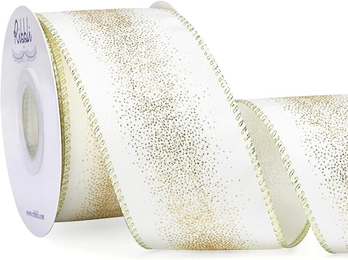 Ribbli Ivory with Champagne Gold Glitter Wired Ribbon for Christmas Tree Sparkling Ribbon 2.5 Inc... | Amazon (US)