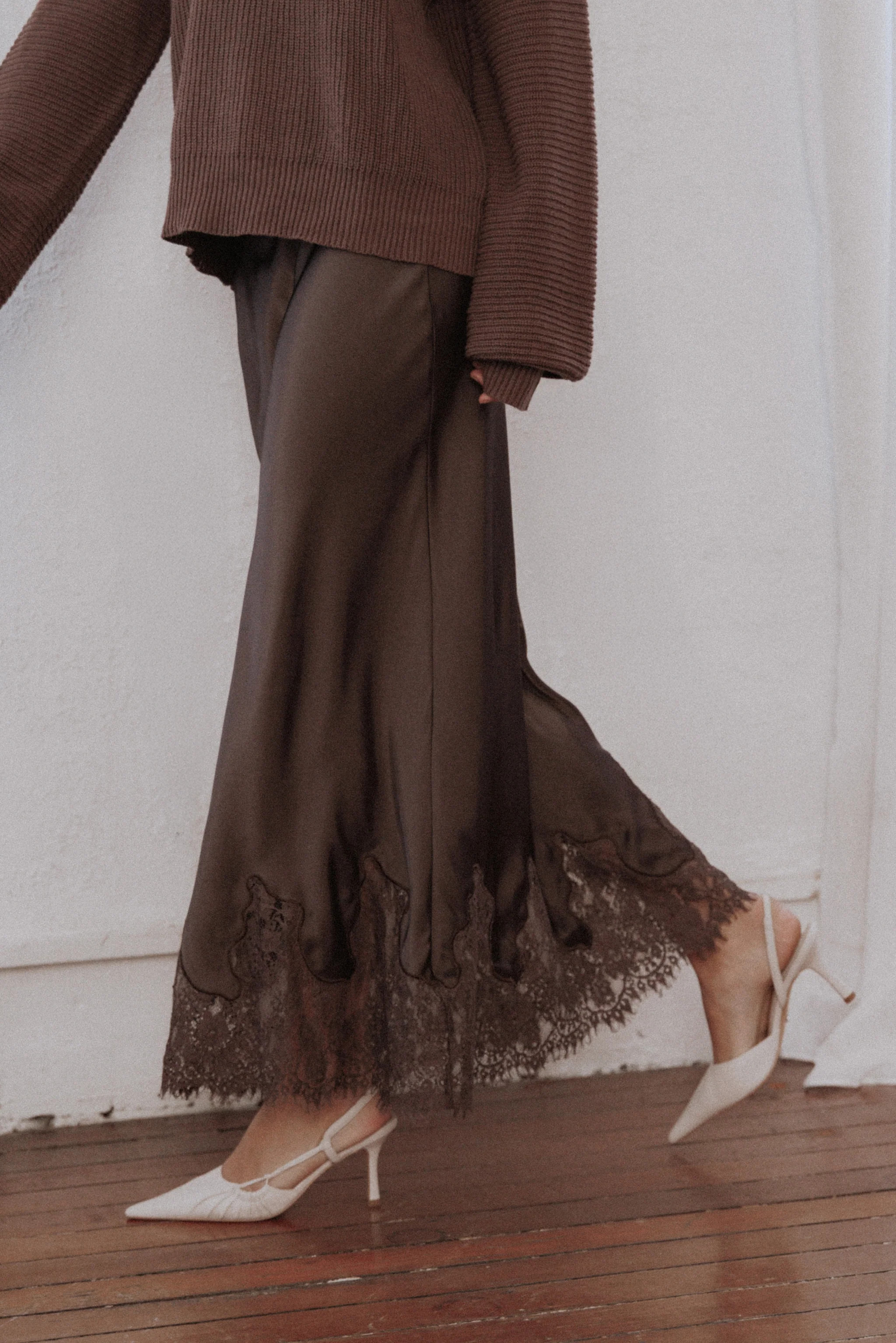 Alira Lace Trim Midi Skirt - Brown | Petal & Pup (US)
