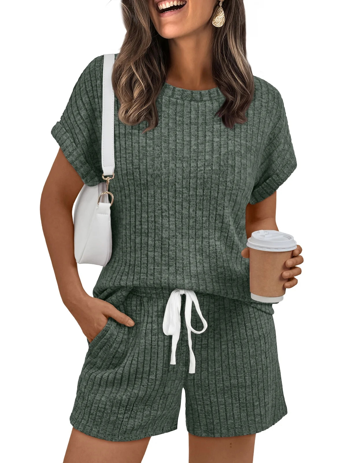 SUNBS Lounge Sets for Women 2 Piece Outfit Sets Tunic Shirts Short Cap Sleeve Crew Neck Drawstrin... | Walmart (US)